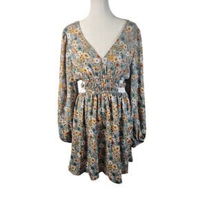 No Comment Womens L Floral Dress & Side Waist Slits Puffy‎ Sleeves Boho